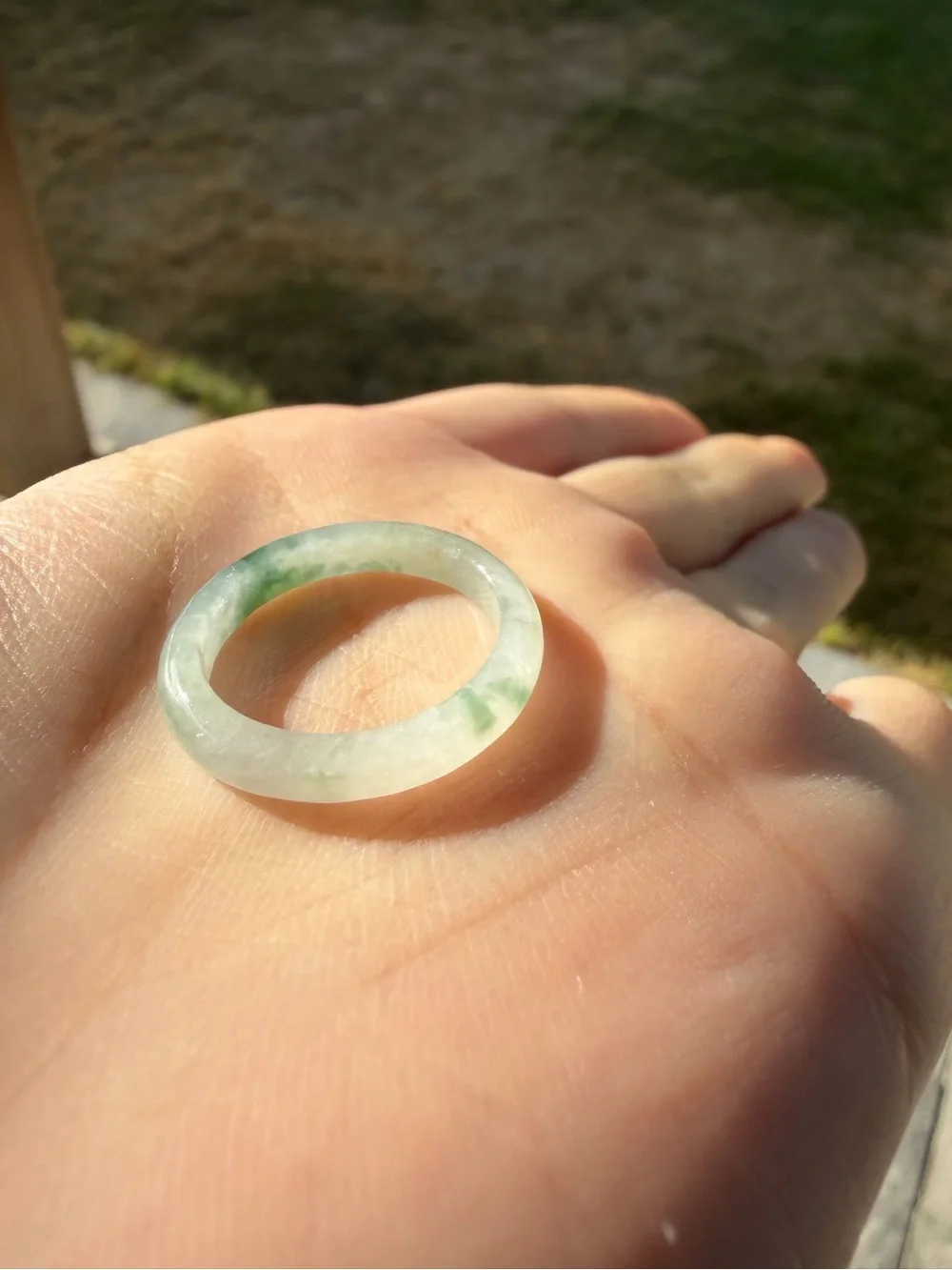 Natural Type A Burmese Icy Jadeite Solid Band Ring with Floating Green Flower